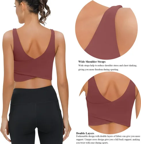 Vista 5 de SIGNEALA Sujetadores deportivos para mujer de línea larga, con cuello en V, acolchado y brasier integrado para entrenamiento, yoga, gimnasio
