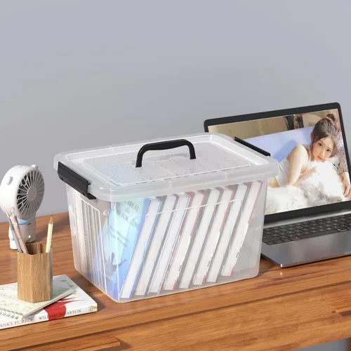 Vista 6 de Kiddream Juego de 4 cajas de almacenamiento transparentes de 20 L con asa, cajas de almacenamiento con tapa