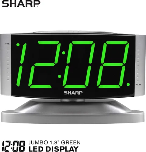 Vista 6 de Sharp Reloj despertador digital con base giratoria, LED verde, atenuador Led verde - caja plateada