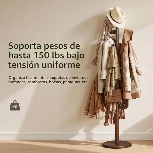 Vista 5 de Perchero independiente de cactus de madera maciza con 6 ganchos en forma de L y 3 tamaños ajustables, perchero para dormitorio, entrada, sala
