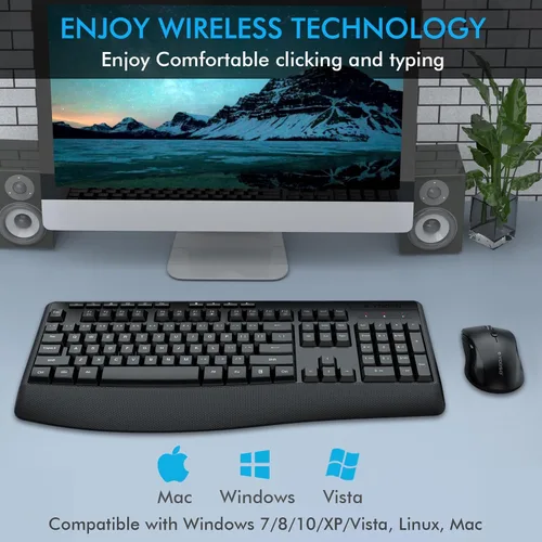 Vista 7 de Combo de teclado y mouse inalámbricos, E-YOOSO 2.4GHz, teclado inalámbrico ergonómico de tamaño completo con reposa muñecas, mouse USB inalámbrico