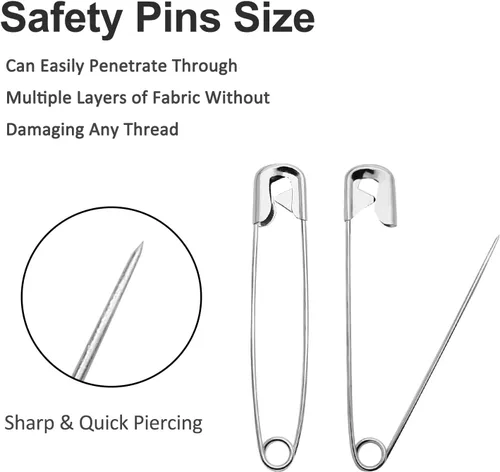 Vista 4 de 100 pasadores de seguridad de 2.953 in / 3 pulgadas, alfileres de seguridad grandes a granel, alfileres de costura de metal plateado, pasadores