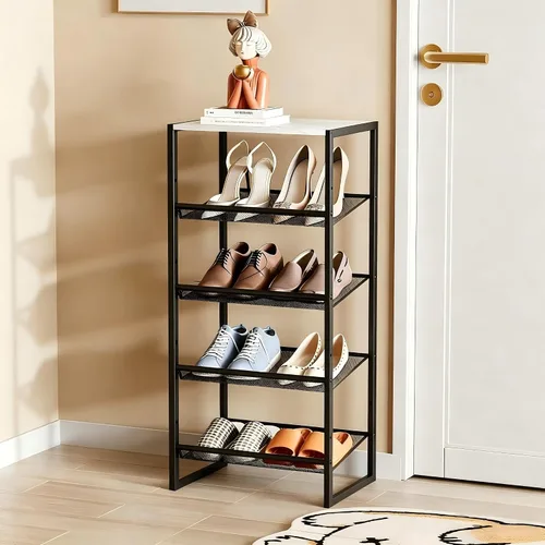 Vista 12 de Garden 4 you Zapatero estrecho de 3 niveles para armario, zapatero pequeño con mesa de madera marrón, estante de zapatos de metal ajustable