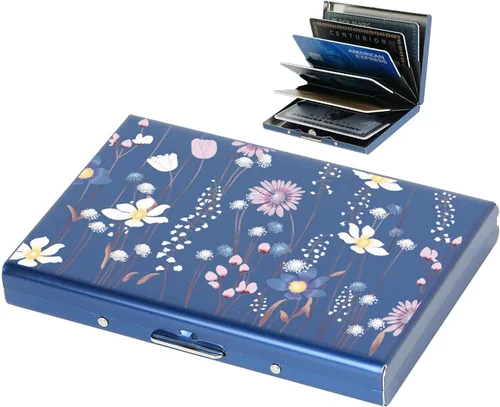 Vista 108 de BONSYL® Soporte para tarjetas de crédito, cartera delgada de metal con bloqueo RFID, con 6 ranuras para tarjetas, para mujeres y hombres.
