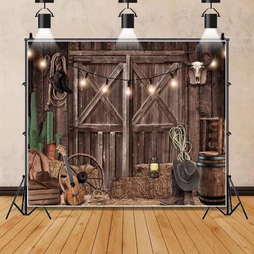 Vista 4 de Telón de fondo occidental para fiesta, decoración de fiesta de vaquero, telón de fondo de granero de 10 x 8 pies, pancarta del salvaje oeste