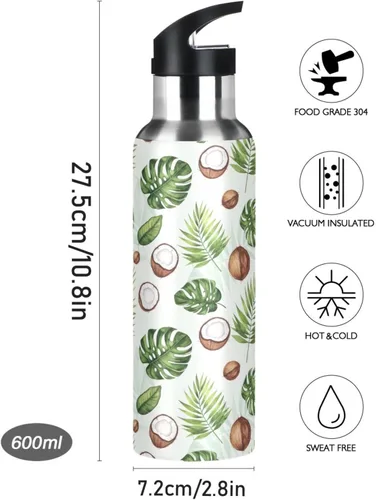 Vista 9 de Watercolor Tropical Leaves Stainless Steel Vacuum Insulated Water Bottle 20 Oz Leakproof Water Bottles, BPA-Free Sport Water Bottle Insulated