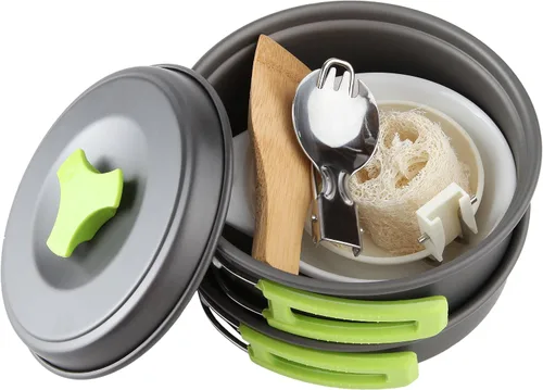 Vista 3 de MalloMe Kit de utensilios de cocina de camping para equipo de mochilero – Juego de cocina de camping – Juego de ollas y sartenes – Estufa