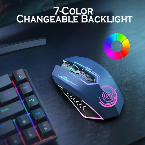 Vista 3 de UHURU Mouse para juegos, mouse inalámbrico para juegos con 7 botones, 7 colores LED intercambiables hasta 12000 DPI, mouse USB recargable para PC