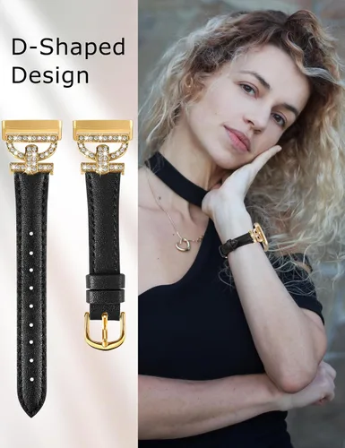 Vista 5 de Minyee Correas de cuero compatibles con Fitbit Versa 4/Versa 3/Sense 2/Sense Band para mujer, correa de cuero delgada elegante con diamantes