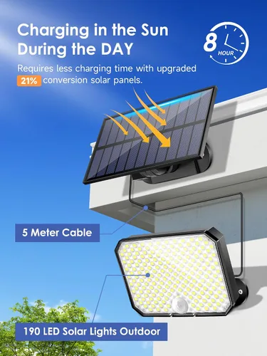 Vista 2 de One Fire Luces solares para exteriores, 190 LED, 1500 lúmenes, 3 modos con sensor de movimiento, control remoto, luces de seguridad solar IP65