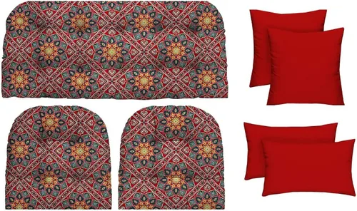 Vista 8 de RSH DECOR Juego de 7 piezas de mimbre copetudo para interiores y exteriores, sofá biplaza, cojines cuadrados y lumbares, hecho de telas aztecas