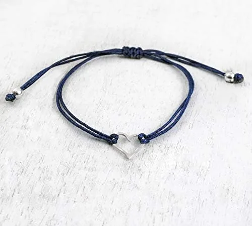 Vista 4 de Claudia Lira Joyas clásico azul para mujer pulsera de amistad pequeña hecha a mano de plata de ley abierta en forma de corazón cordón ajustable