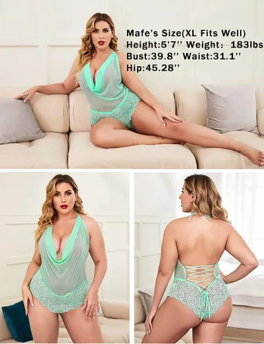 Vista 5 de Avidlove - Traje de lencería sexy para mujer, diseño de peluche, una pieza, con encaje, cabestro