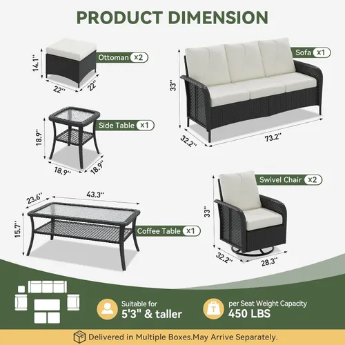 Vista 3 de Aoxun Juego de muebles de mimbre para patio de 7 piezas con cojines gruesos 2 piezas blanco