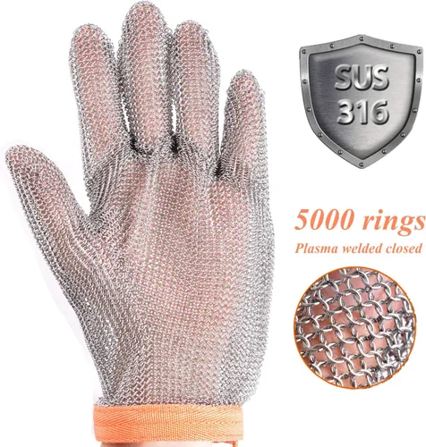 Vista 3 de Guante de Chainmail resistente al corte, Guante de protección de mano de acero inoxidable 316 de grado alimenticio, Guante de corte de malla Naranja