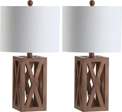 Vista 8 de JONATHAN Y Lámpara de mesa de madera de granja marrón de 21.5 pulgadas para mesita de noche y sala de estar, pantalla de tambor de lino blanco