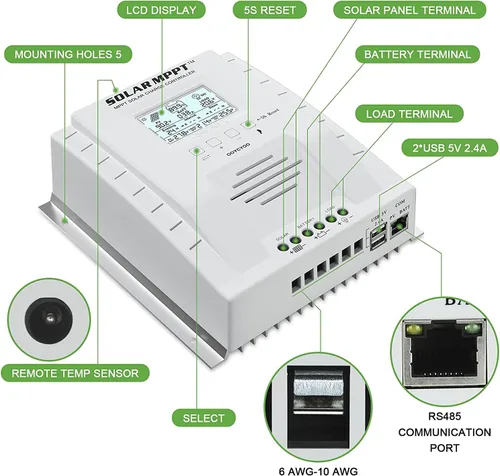 Vista 4 de Controlador de carga MPPT 60 amperios, regulador de carga de panel solar 12V 24V Auto 60A, entrada máxima 100V con pantalla LCD para batería