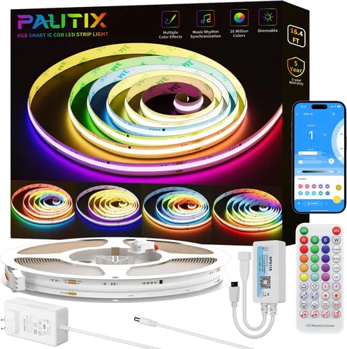 Vista 11 de PAUTIX Tira de luces LED RGB Smart IC COB, 6.56 pies/6.6 ft direccionable con certificación UL de 24 V, cinta flexible de color multicolor, funciona