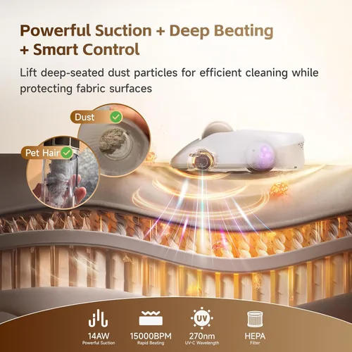 Vista 6 de CREATULIZE Aspiradora robot X1, aspiradora automática de colchón con planificación inteligente de caminos, luz UV-C, filtro HEPA, 100% polvo y Blanco