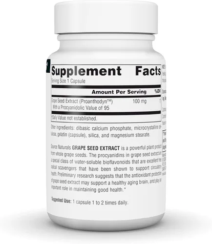 Vista 3 de Source Naturals Extracto de semilla de uva, Proanthodyn 100 mg Protección antioxidante y apoya el envejecimiento saludable del cerebro - 60 cápsulas