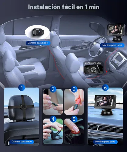 Vista 3 de Cámara de coche de bebé para asiento trasero HD con visión nocturna, ángulo de visión ajustable, fácil instalación, cámara giratoria de 360°