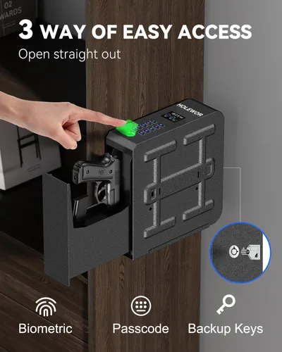 Vista 2 de HOLEWOR - Caja de seguridad para armas, caja de seguridad biométrica deslizante para pistola con huella digital, cerradura de arma de fuego