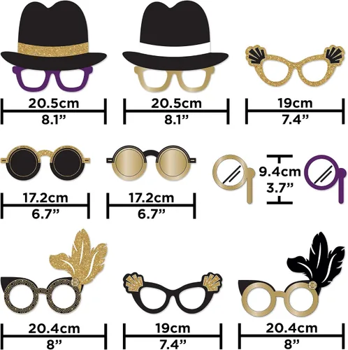 Vista 6 de Accesorios para cabina de fotos – Gafas de fiesta temática de los años 20 – Negro y dorado, 10 piezas – Twenties, Jazz, Gatsby, Vintage, Año Nuevo