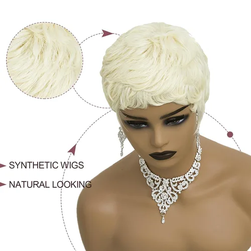 Vista 5 de Pelucas cortas rubias de corte Pixie para mujeres negras, pelucas cortas con flequillo para mujeres negras, pelucas en capas (rubio)