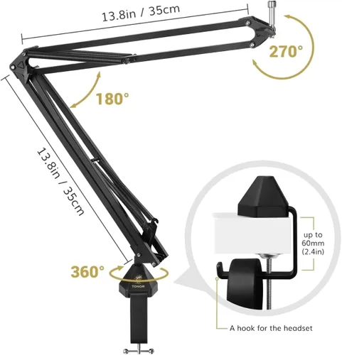 Vista 5 de TONOR Micrófono de condensador de 192 kHz/24 bits, kit de micrófono cardioide USB con brazo de pluma mejorado/soporte de choque de araña