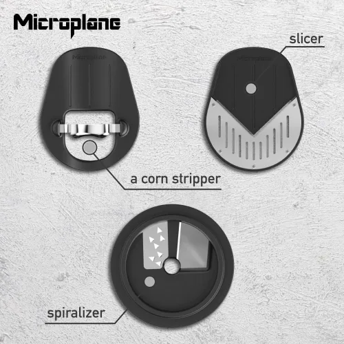 Vista 2 de Microplane Colección gourmet de 3 piezas, espiralizador de verduras, pelador y pelador de maíz, cortador de verduras, tapas de tarro de acero