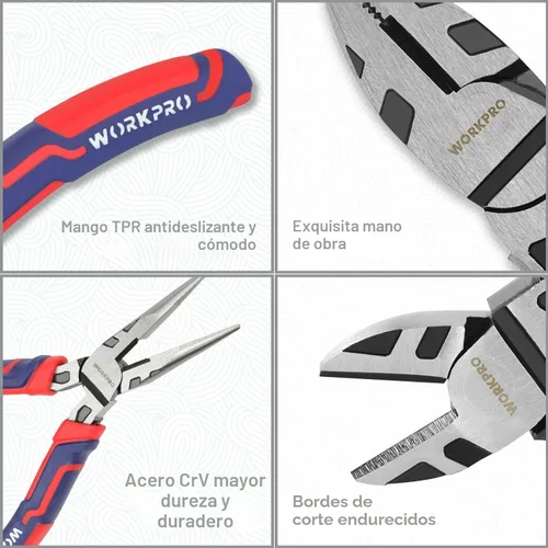 Vista 3 de WORKPRO Juego de alicates de 5 piezas con bolsa de almacenamiento, nariz larga de 7 pulgadas, diagonal de 6 pulgadas, junta de ranura de 8 pulgadas