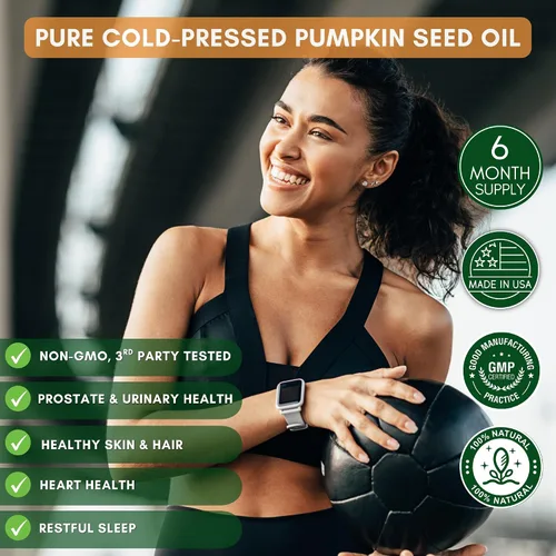 Vista 3 de Aceite de semilla de calabaza - 1000 mg - 180 cápsulas blandas - Aceite de semilla de calabaza natural prensado en frío - Fuente natural de ácidos