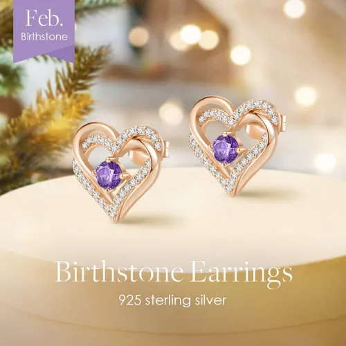 Vista 4 de Aretes CDE Forever Love Heart de plata de ley 925 chapados en oro rosa con piedra de nacimiento de diciembre circonita cúbica de calidad 5 A regalo