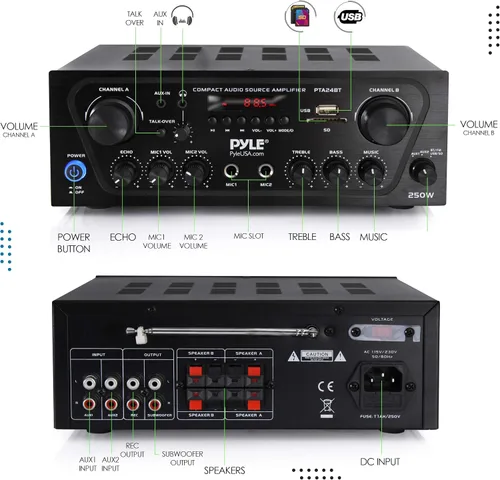 Vista 2 de Pyle - Amplificador de potencia de sonido doméstico para karaoke mejorado con entrada auxiliar, bluetooth, USB, 2 entrada de micrófono con eco