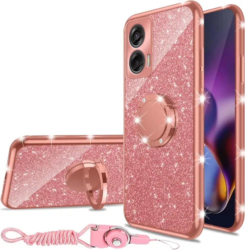 Vista 13 de nancheng Funda para Motorola Moto G Play 2024 (6.5 pulgadas) para niñas y mujeres, bonita funda de teléfono de TPU suave con purpurina y anillo