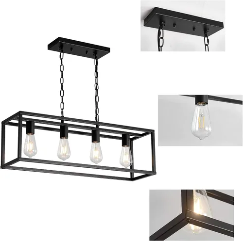 Vista 7 de Candelabros modernos, rectangular, color negro, 4 luces, accesorios de iluminación colgantes, jaula de isla de cocina, colgante lineal, lámpara