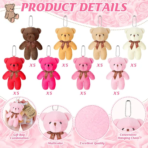 Vista 3 de Fumete 40 juegos de osos para baby shower de 4.7 pulgadas, osos pequeños a granel, osos de peluche, llavero pequeño, adornos colgantes con bolsa