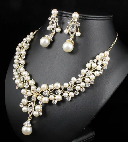 Vista 4 de Conjunto de collar de perlas de imitación de marfil blanco con diamantes de imitación transparente austriaco, conjunto de joyas de plata u oro