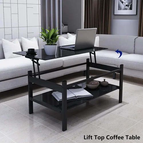 Vista 4 de Mesa de centro elevable con almacenamiento, mesas de centro modernas de vidrio negro para sala de estar, 37.8 pulgadas rectangular de vidrio