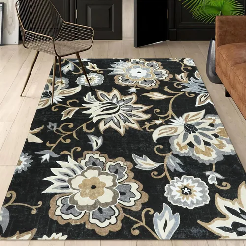 Vista 17 de Lahome - Tapete floral con estampado de cachemira, lavable, antideslizante, pequeño, anti-manchas, suave, para baño, entrada, dormitorio, Negro