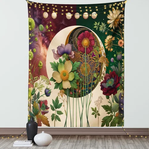 Vista 68 de Ambesonne Tapiz verde, fases lunares alrededor de un árbol de la vida, impresión de diseño bohemio de astrología nocturna, decoración de tela