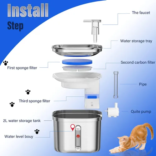 Vista 3 de Fuente de agua para gatos Homtyler, fuente de agua para mascotas de acero inoxidable para gatos en interiores, 3 filtros y bomba ultra silenciosa