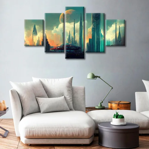 Vista 316 de Cuadros de 5 paneles de Cyberpunk City, arte de pared, representación de vallas publicitarias, edificios modernos en la capital con obras de arte
