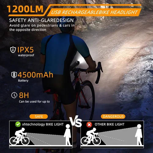 Vista 4 de Bike Light Headlight 1200lumens 10W CREE led, Compatible with Apple FindMy APP, 3+1Modes，Front Bicycle Light Rechargeable Waterproof for Road