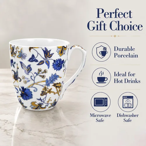 Vista 2 de Taza de café floral de porcelana de hueso de 14 onzas con asa, elegante taza de café, té, regalos de cumpleaños de Navidad para mujeres, hombres