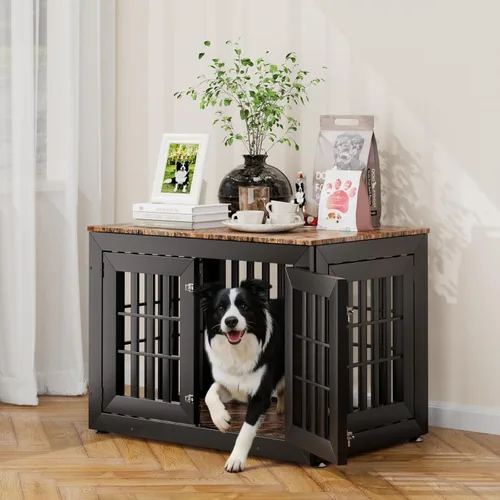 Vista 21 de Snuowu Mueble de jaula de perro resistente de 26 pulgadas para perros pequeños, medianos y grandes, jaula rústica de madera para perros, muebles