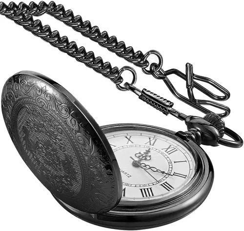 Vista 2 de Large Decorative Flower Pattern White Roman Numeral Scale Quartz Pocket Watches for Men with Chain