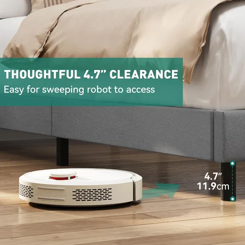 Vista 5 de YITAHOME Base de cama Queen con puertos tipo C y USB, plataforma tapizada de lino con cabecera de almacenamiento de lino, no necesita somier, sin