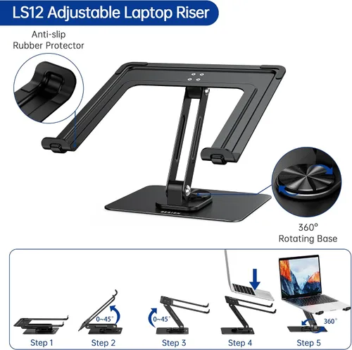 Vista 6 de BESIGN LS12 - Soporte de laptop con base giratoria de 360°, soporte ergonómico ajustable para notebook, soporte elevador para computadora compatible