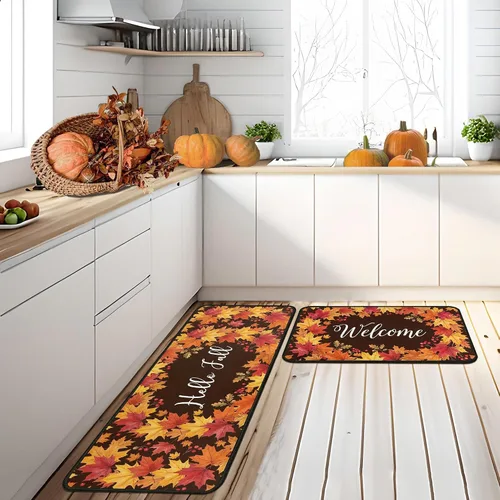 Vista 10 de Juego de 2 alfombras y tapetes de cocina de otoño, alfombras de cocina de Acción de Gracias, con respaldo antideslizante, decoraciones de otoño